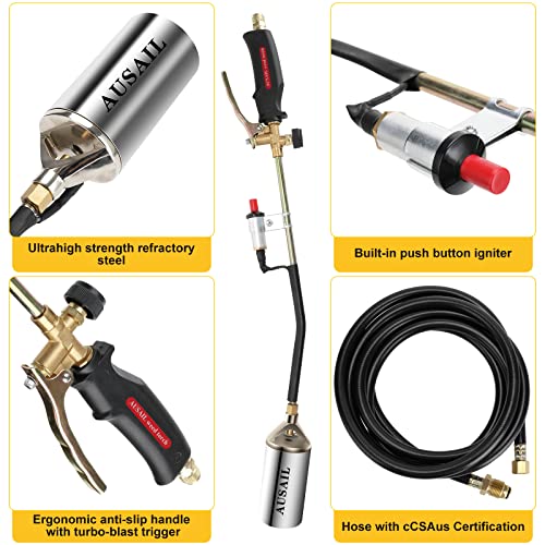 Propane Torch Weed Burner,Blow Torch,Heavy Duty,High Output 700,000 Btu,Flamethrower With Turbo Trigger Push Button Igniter And 9.8 Ft Hose For Roof Asphalt,Ice Snow,Road Marking,Charcoal #TOP4