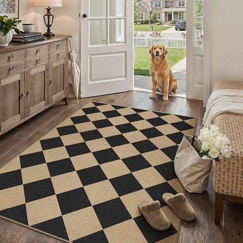 PureCozy 4x6 Checkered Easy Jute Area Rug for Living Room Checkerboard Washable Indoor Outdoor Carpet Farmhouse Patio Office Mat Geometric Non Slip Black Carpet for Dorm Backyard Dining Room
