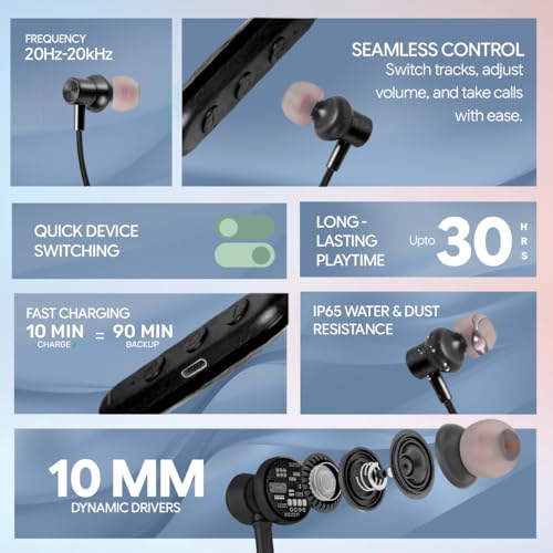 Image of Voods Nova Plus Wireless Neckband Bluetooth Earphones, 30H Playtime, Bluetooth 5.4, 10mm Deep Bass Drivers, Magnetic Earbuds, Dual Device Pairing, Type-C Fast Charging, IPX5 Water Resistant (Black)