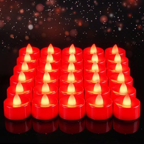 Image of Amagic 30 Pcs Red Flickering Flameless Tea Lights Battery Operated, 200+ Hours Long Lasting Colored Candle for Halloween, Christmas, Holiday Decor, Theme Party, Wedding Table Decor, Proposal