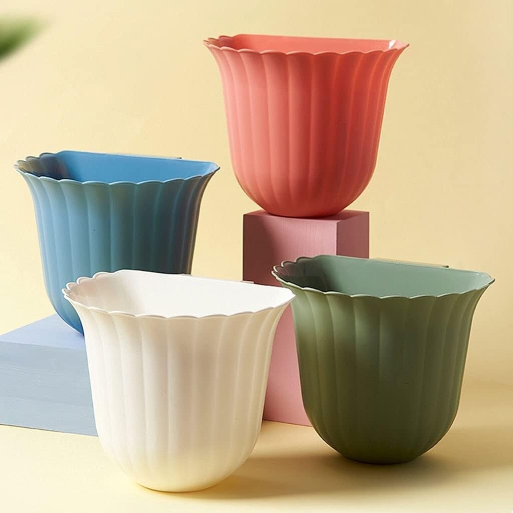 Indoor Green Plastic Trash Can Without Lid, European Style Flower Design, Wall-Mounted Desktop Paper Basket for Kitchen, Office, Living Room, Storage Bin(Pink)