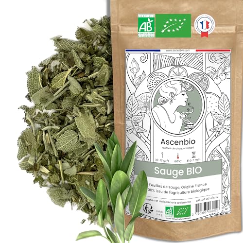 Ascenbio ✿ Sauge séchées BIO ✿ 180 g ✿ FRANCE 100% PUR ✿ Tisane Maux de Gorge, Irritation, Préférée du Roi-Soleil ✿ Préparé et conditionné en France ✿ Emballage biodégradable