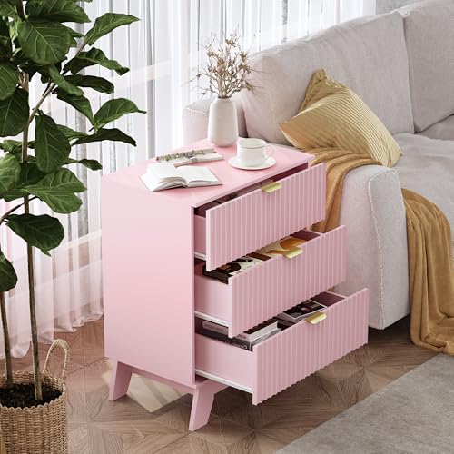 Image of Wodeer Night Stand Set 2, Bedside Table & End Table, Mid Century Modern Fluted Wood Nightstand with 3 Drawers & Metal Handles, Farmhouse Nightstand for Bedroom, Pink