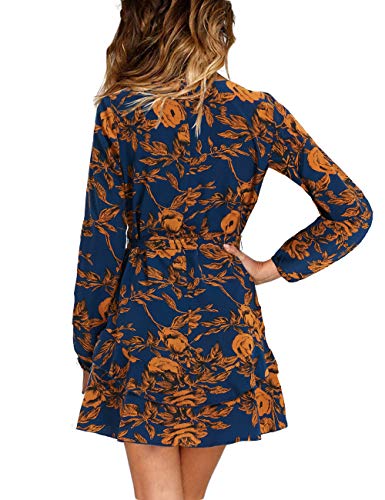 Uguest Women Long Sleeve V Neck Dress Floral Mini Swing Party Wedding Dress With Belt Navy & Yellow Flowers Xl #TOP2