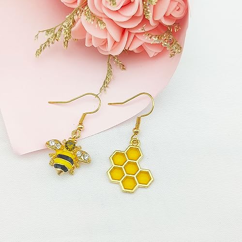 Bee Earrings for Women Honeycomb Earrings Asymmetrical Bee Dangle Earrings Bee Jewelry Gifts3