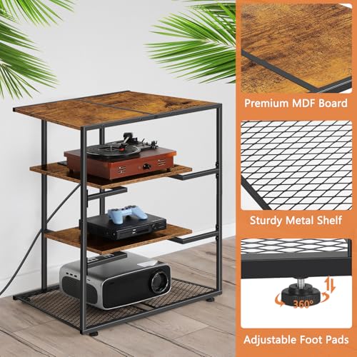 4 Tier AV Media Stand with Power Outlets, Wooden Audio Rack Tower with Metal Shelves, Small Entertainment Center with Storage, Stereo Cabinet for DVD Player, Game Console, Record Player, Rustic Brown - Image 5
