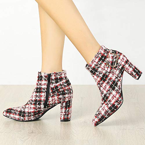 Allegra K Women's Plaid Pointed Toe Chunky Heels Ankle Boots2