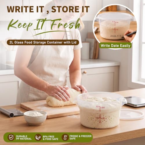 Image of Ziliny 1 Pcs 2 Qt Translucent Dough Proofing Container with Lid, White | Round Food Storage Container, Food Grade Plastic, Airtight Lid and Red Scale, Easy View, Dough Fermentation Kitchen Storage
