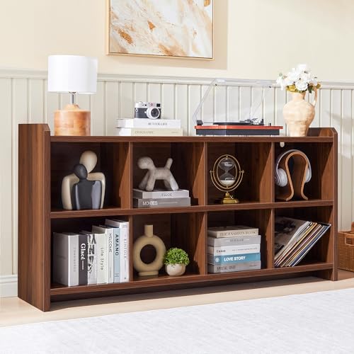 Image of 8 Cube Low Storage Organizer, 63 inch Long Horizontal Bookshelf, Walnut