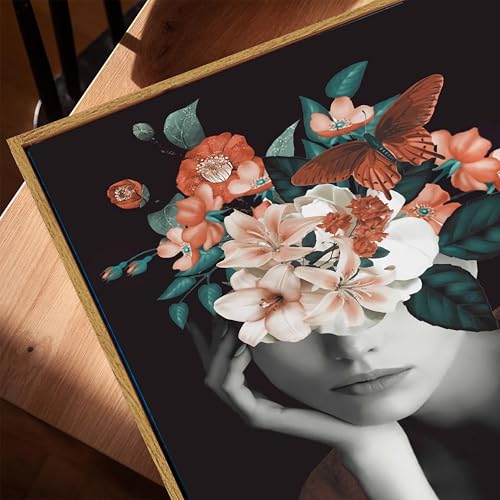 Image of Surreal Floral Woman Portrait Framed Canvas Painting For Living Room | Modern Botanical Abstract Face Wall Art For Livingroom Wall Decor, Home Decor, Bedroom, Hallway's, Office, Hotel - 43x58 cm