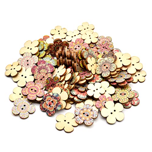 Skyzone Wooden Buttons,100PCS Flower Shape Buttons Retro Craft Button Handmade Colorful Printed Decorative Buttons with 2 Holes for Cardigans Knitting DIY Sewing Crafts (20mm and 25mm 50Pcs Each)
