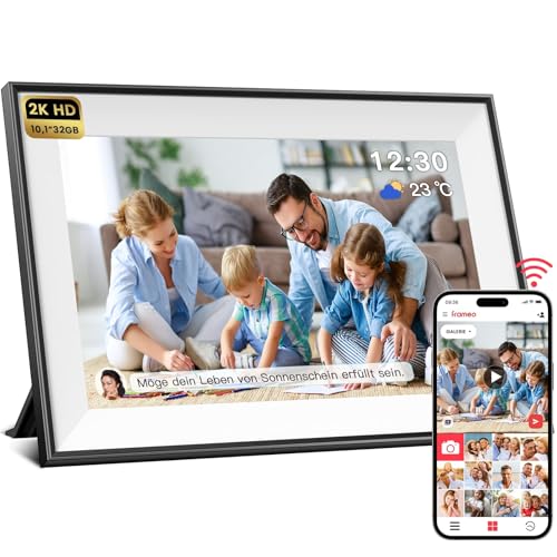 2K HD Digitaler Bilderrahmen WLAN, 10,1 Zoll 32 GB LED Bilderrahmen mit IPS-Touchscreen & Kalender Wetter, Auto-Rotat Digital Frame, Teilen Sie Fotos und Videos mit Ton Sofort über FRAMEO von überall