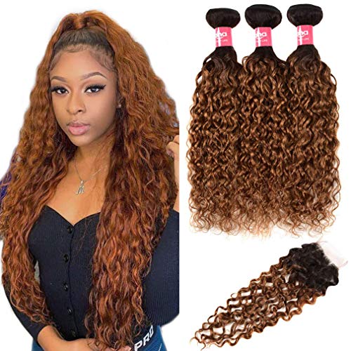 Haha Ombre Water Wave Bundles with Closure Brown Ombre Water Curly Hair Bundles with closure 2 Tone Brazilian Ombre Human Hair Bundles with Lace Closure Free Part T1B/30 20 22 24 +18