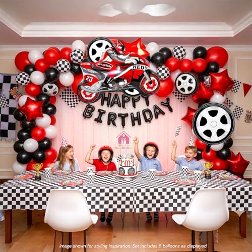 Image of Party Warehouse Racing Car Balloon Set for Birthday-5Pcs Race Theme Foil Balloons for Race Lovers|Tyre & Checkered Flag Balloons for Kids /Adults Party Decorations (Bike set)
