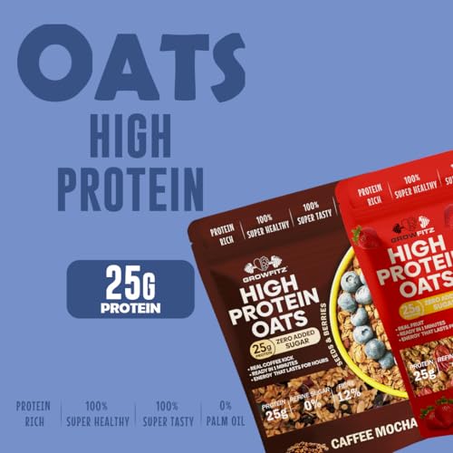Image of GrowFitz 25g High Protein Oats 800 Gram, Pack of 2 | Strawberry & Coffee Mocha Flavor Combo Breakfast Oatmeal | 17g High Fiber, Almonds, Raisin, Pumpkin, Chia Seeds, Super Rolled Oats | No Added Sugar