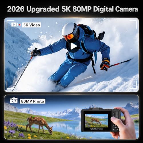 Image of 5K Digital Camera for Photography, 80MP Vlogging Camera for YouTube with 3 inch 180 Flip Screen, 12X Optical Zoom WiFi, Beauty Filter & Autofocus Point and Shoot Camera with 16G SD Card for Beginner