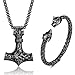 JeweBella Thors Hammer Halskette Wikinger Wolfskopf Armbänder Set für Herren Männer Mjolnir Edelstahl Halskette Armbänder Manschette Odin Anhänger Thors Halskette Wikinger Herren Schmuck