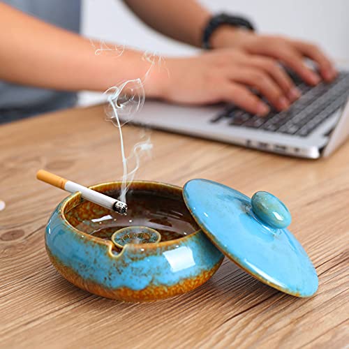 RONXS Aschenbecher mit Deckel für draußen, Keramik und Winddichte Aschenbecher für Raucher, Handgemachte Kreativer Sturmaschenbecher als Dekoration für Zuhause und Büro(Blau) - Image 3