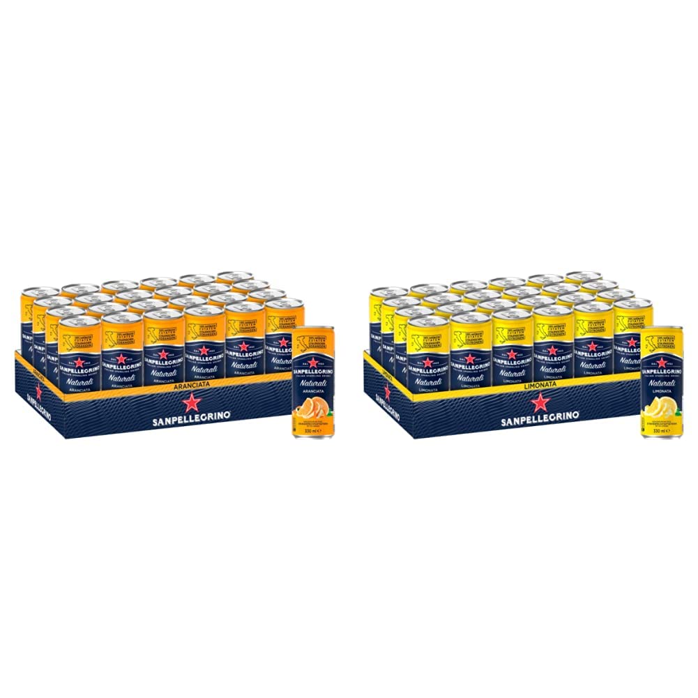 Sanpellegrino Naturali Aranciata, Orangen-Limonade mit 16% Orangensaft, 24 x 330ml Einweg-Dosen & Naturali Limonata, Zitronen-Limonade mit 16% Zitronensaft, 24 x 330ml Einweg-Dosen