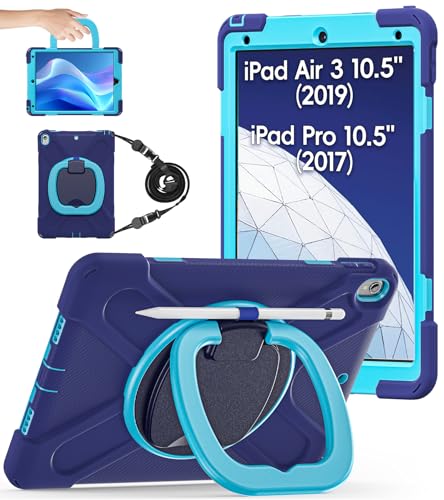 BATYUE iPad Air 3rd Generation Case 2019 / iPad Pro 10.5 inch Case 2017; Rugged Heavy Duty Protective Cover with Pencil Holder, 360° Swivel Stand, Shoulder Strap; for Kids (Navy Blue+Blue)