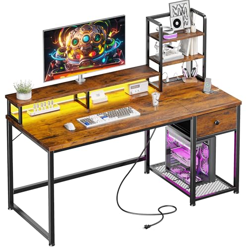 Image of EnHomee 44 Inch Computer Desk with Hutch and Drawers,Reversible Home Office Desk with Monitor Shelf,Small Gaming Desks with USB Power Outlets,Writing Table for Office with LED Lights,Rustic Brown
