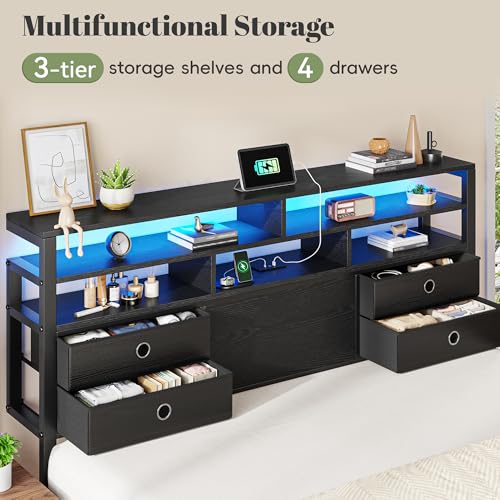 Image of Homkdom Queen Bed Frame with 3-Tier Storage Headboard and 4 Fabric Drawers, LED Light & Charging Station, Noise-Free Metal Platform, No Box Spring Needed, Easy Assembly, Black