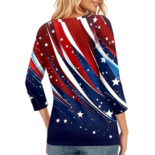 Image of 4th of July Shirts Women 3 /4 Length Sleeve Womens Tops Henley Neck Casual Patriotic T Shirts
