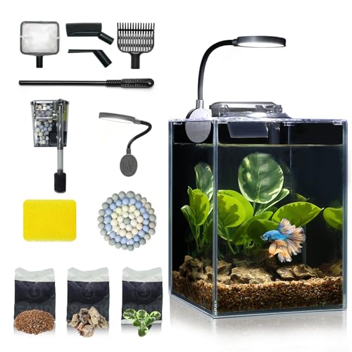 Desktop Small Aquarium Set Glass Fish Tank 1.25 Gallon, with Water Pump Filter Bright LED Light...