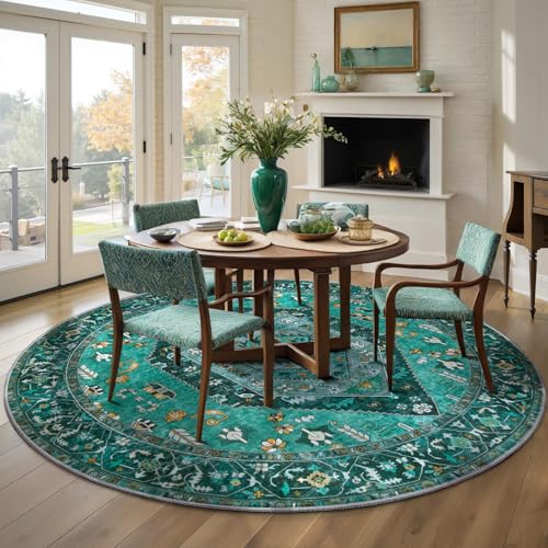 SERISSA Boho Round Area Rug, 5ft Washable Non-Slip Circle Rug, Ultra Soft Oriental Vintage Teal Low-Pile Circular Carpet for Bedroom Entryway Kids Room Office College Dorm Living Room