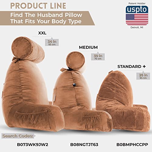 Image of Husband Pillow XXL Tan Backrest with Arms - Adult Reading Pillow Shredded Memory Foam, Ultra-Comfy Removable Microplush Cover & Detachable Neck Roll, Unmatched Support for Bed Rest Sit Up Pillow