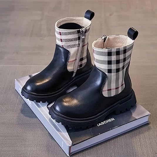Black Plaid Fashion Boots Girls Side Zipper Chelsea Boots Fall Winter3