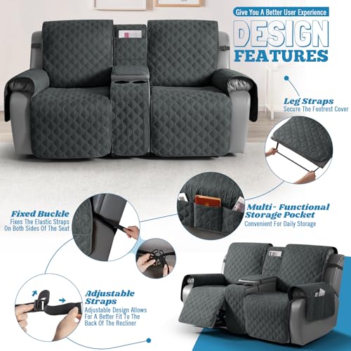 Image of TAOCOCO 100% Waterproof Recliner Loveseat Cover with Console, Reversible Reclining Couch Cover for 2 Seats with Leg Straps, Washable Split Sofa Cover Protector for Pets Kids (Dark Gray)