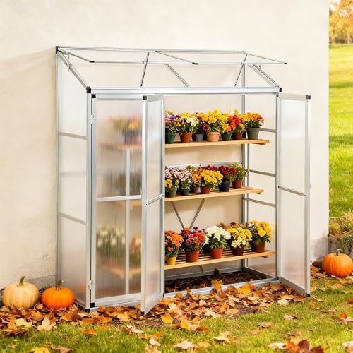 Euboer Aluminium Anlehngewächshaus Beistell Tomatengewächshaus klein Gewächshaus Dreitürig Treibhaus 190x52x182 cm Silber