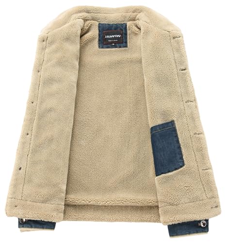 Image of HOW'ON Men's Plus Cotton Warm Fur Collar Sherpa Lined Denim Jacket Button Down Classy Casual Quilted Jeans Coats Outwear