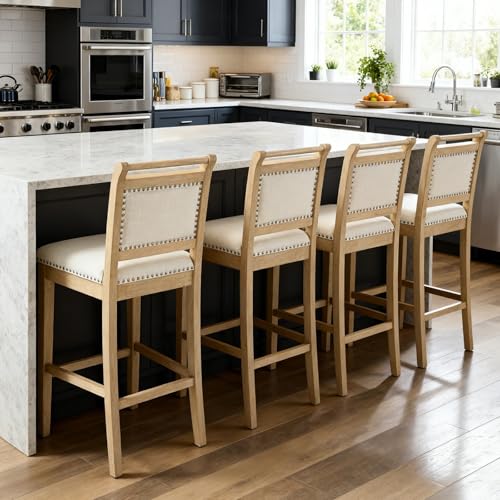 chairus 26" Farmhouse Counter Height Bar Stools Set of 4, Rustic French Country Upholstered Counter Stools with Back & Top Rail, Natural Wooden Bar Chairs for Kitchen Island, Beige Linen