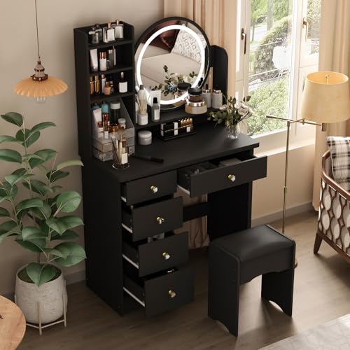 MOUMON Vanity Desk with Lights, Vanity Desk with Mirror and Lights, Makeup Table with Drawers and Shelves, Crystal Handles, Cushion Stool, Black