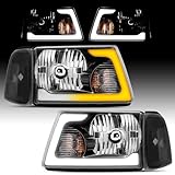 ELH LED DRL Headlight Assembly Fit For 2001-2011 Ford Ranger w/Sequential Turn Light 01-11 Ranger Headlamp Black Housing Clear Reflector