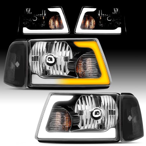 ELH LED DRL Headlight Assembly Fit For 2001-2011 Ford Ranger w/Sequential Turn Light 01-11 Ranger Headlamp Black Housing Clear Reflector