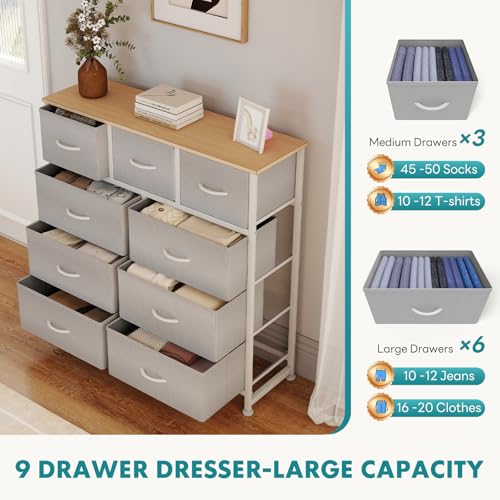 Image of OLIXIS 9 Drawer Tall Dresser for Bedroom, Closet Organizers and Storage | Fabric Dresser with Wooden Top, Chest of Drawers for Clothes Storage, Tower Cabinet, Furniture, TV Stand, Light Grey