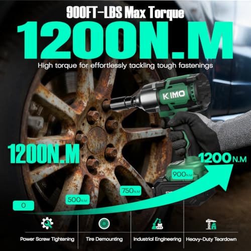 Image of KIMO Impact Wrench 1 /2 Inch, 890Ft-Lbs(1200N.m), 4000RPM /2900IPM Brushless Motor High Torque Impact Driver with 4.0Ah Battery, 3 Modes, Variable Speeds, LED Light, Cordless Impact Gun for Car /Truck