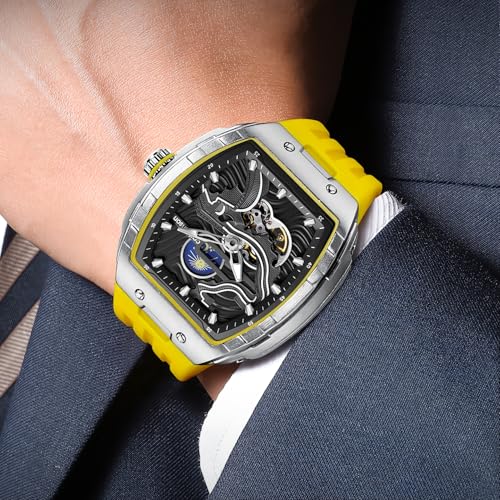 Image of Men's Luxury Steampunk Automatic Mechanical Watch Great Wall of China Pattern Carving Watch Tonneau Hollowed Moon Phase Dial Waterproof Luminous Silicone Wristwatch