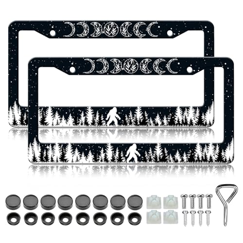 Bigfoot Coniferous Forest License Plate Frames - 2 Pack Moon Phase Star Stainless Steel License Plate Holder,Rust-Proof Waterproof Car Decorative Tag Frames with Screws Fasteners Caps