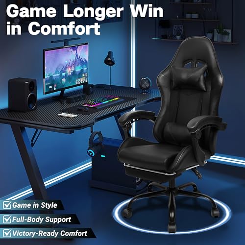 Image of Gaming Chair, Ergonomic Computer Chair with Footrest and Lumbar Support, Height Adjustable Office Chair with 360 Swivel Seat and Headrest (Black)
