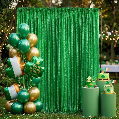 Image of Green Sequin Backdrop Curtains-2 Panels 2FTx8FT Green Backdrop for St Patricks Day, Glitter Party Decorations Background Drapes for Wedding Birthday Anniversary Graduation Photo Booth Decor
