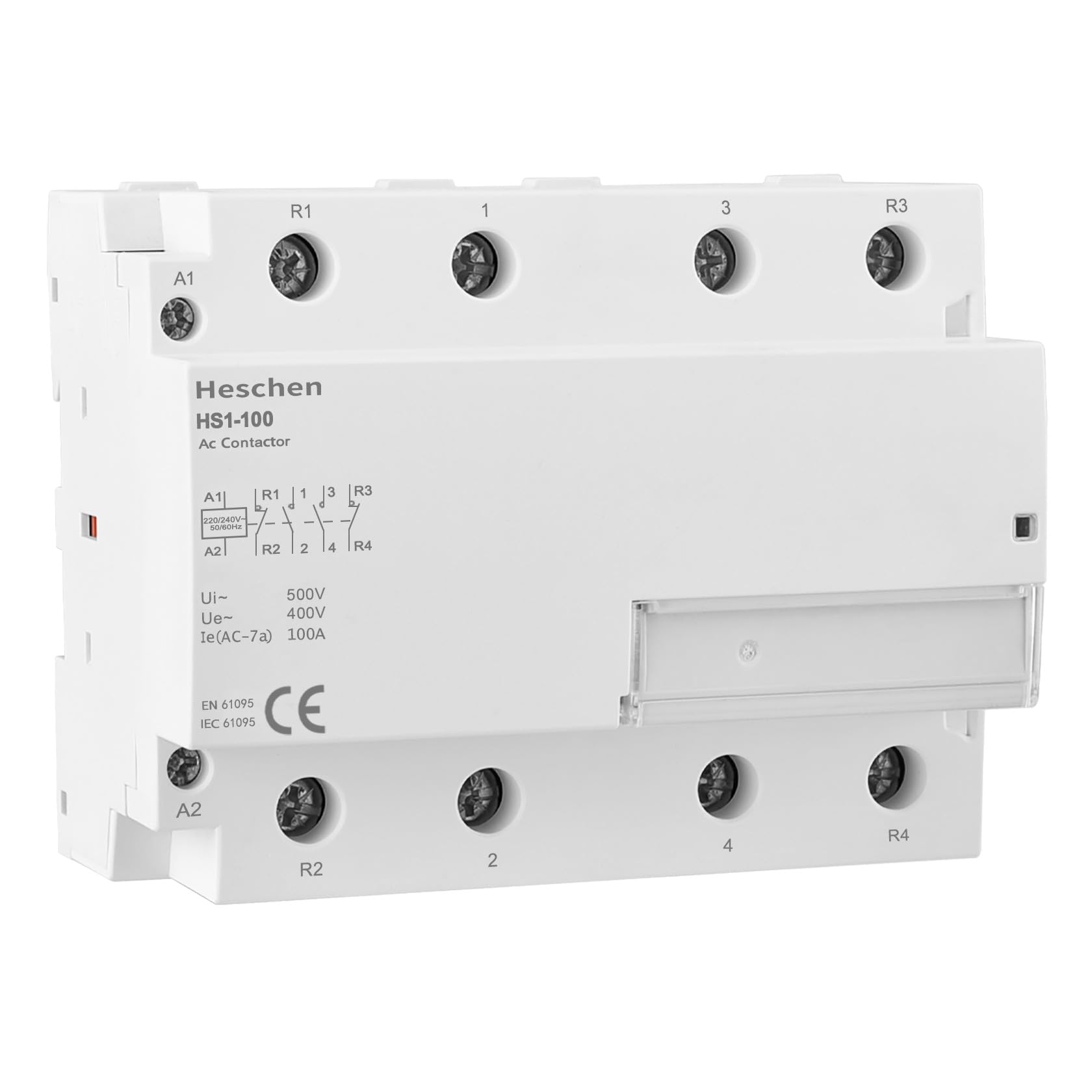 Heschen Contactor de CA para el hogar, HS1-100, Ie 100A, 4 polos 2NO 2NC, voltaje de bobina AC 220V, montaje en riel DIN de 35mm