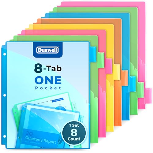 Poche pour classeur Dunwell lot de 8 intercalaires à 3 anneaux en plastique multicolore