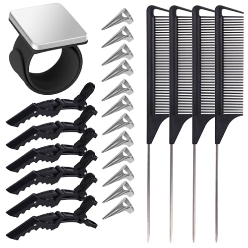 23 Pieces Hair Braiding Tools Set Magnetic Wrist Pin Holder Sectioning Clips Rat Tail Combs Hair Parting Rings for Braiding