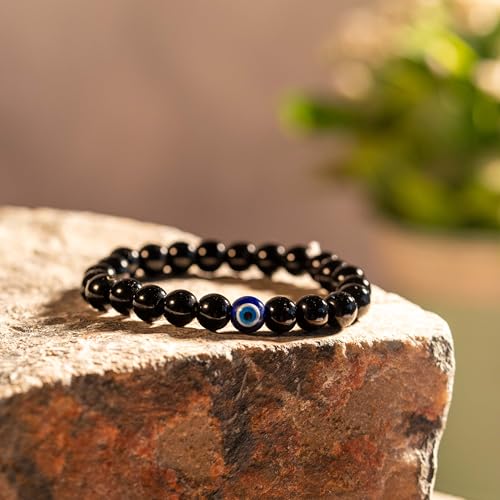 Pulsera elástica con obsidiana negra natural y ojo turco miniatura 3