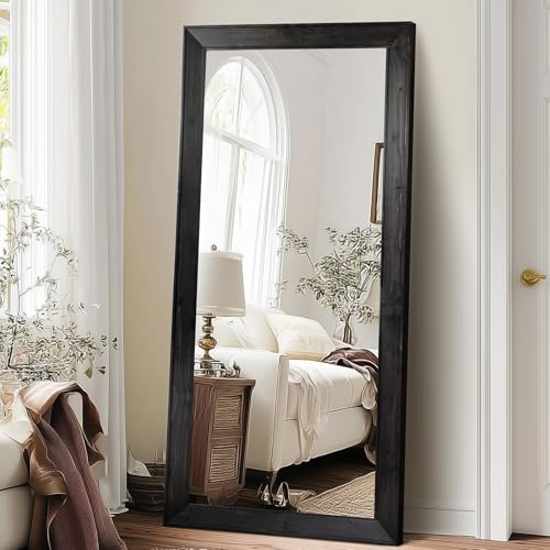 Image of 71x32in Full Length Mirror, Rustic Black Beveled Wood Frame