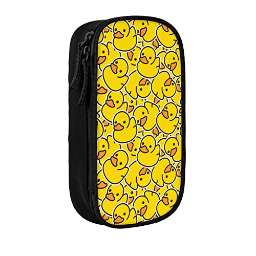 Image of Perinsto Cute Rubber Ducky Pencil Case Big Capacity Multi Compartment Stationery Box Yellow Cartoon Ducks Pencil Pouch Holder Desk Organizer For School Office Home, Black